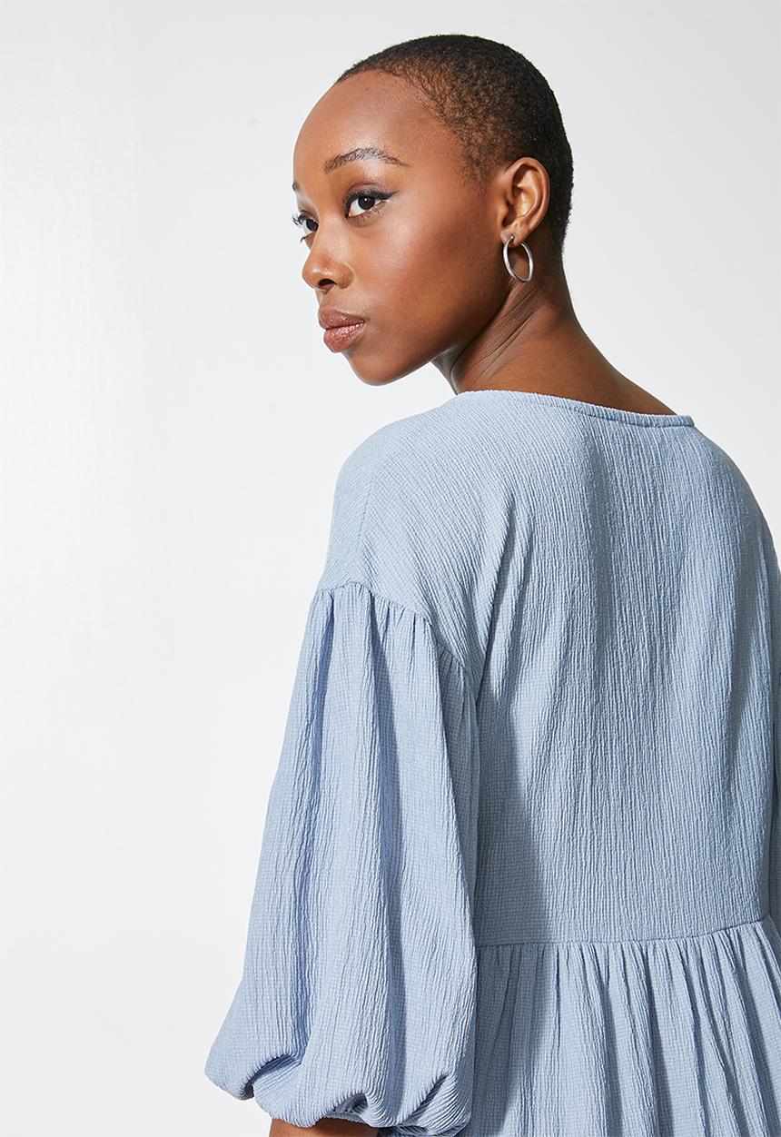 VELVET - Volume babydoll mini tiered dress - blue 