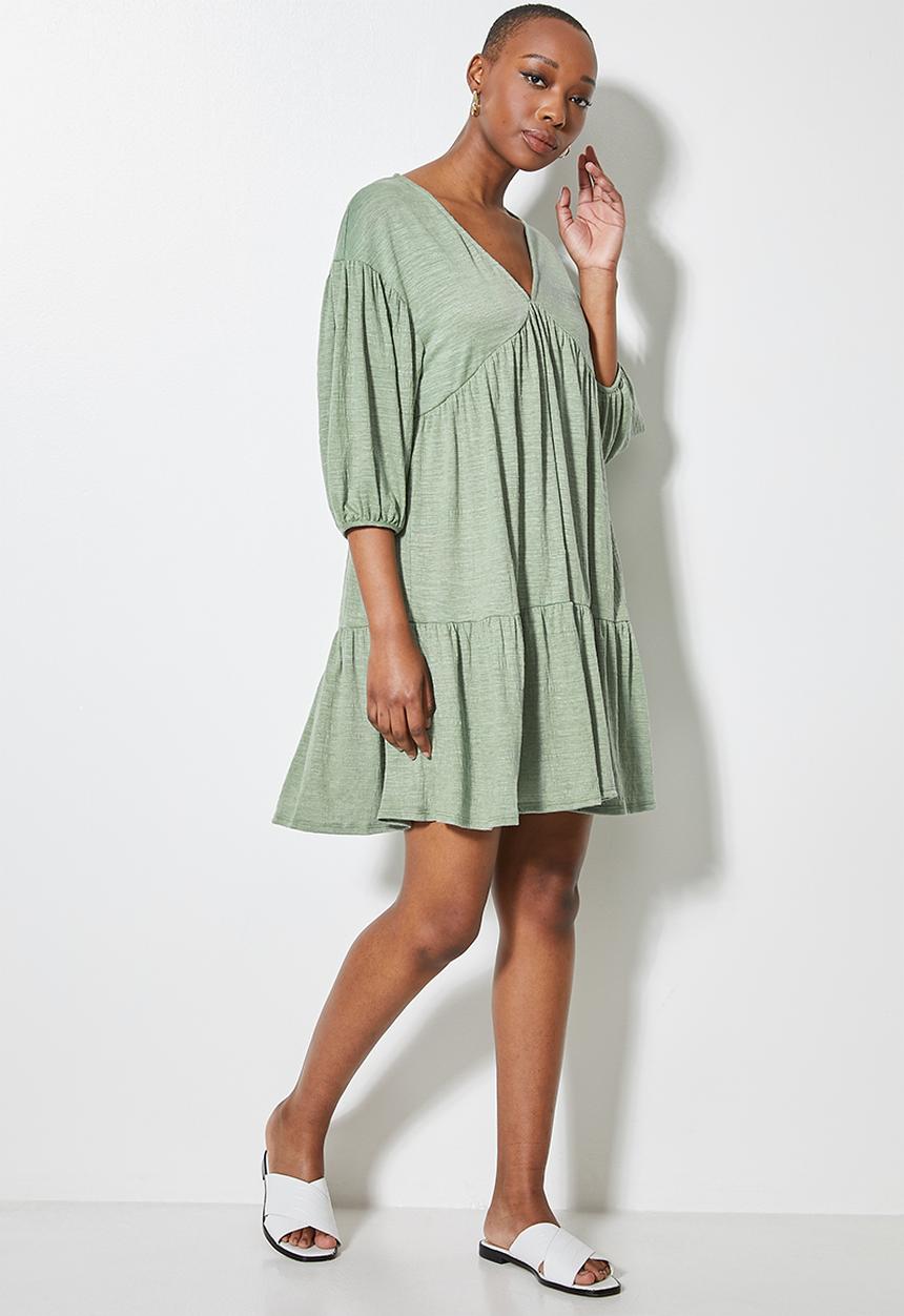 VELVET - Volume babydoll mini tiered dress - green 