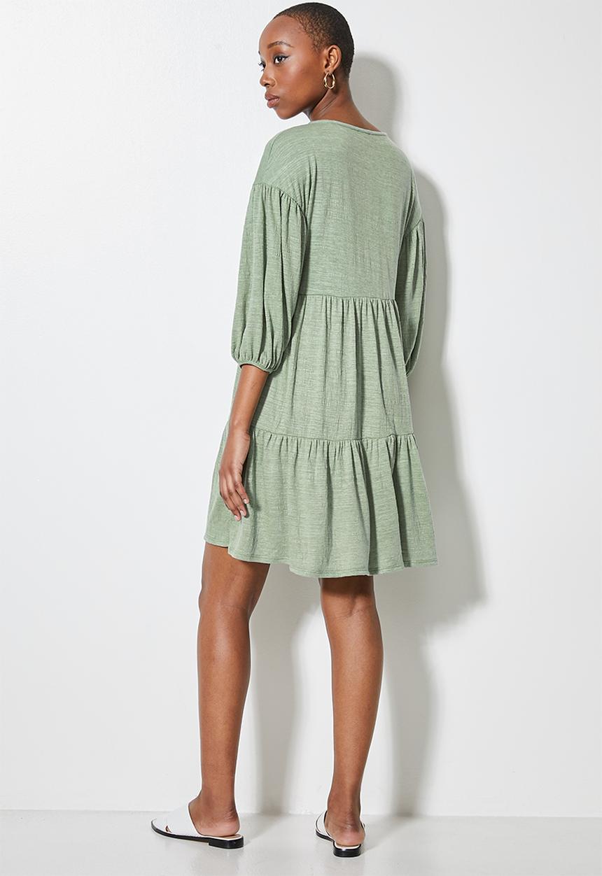 VELVET - Volume babydoll mini tiered dress - green 
