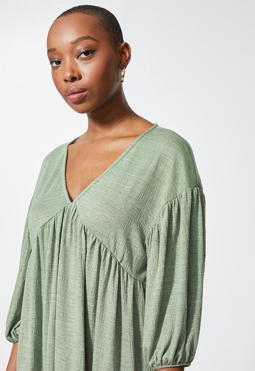 VELVET - Volume babydoll mini tiered dress - green 