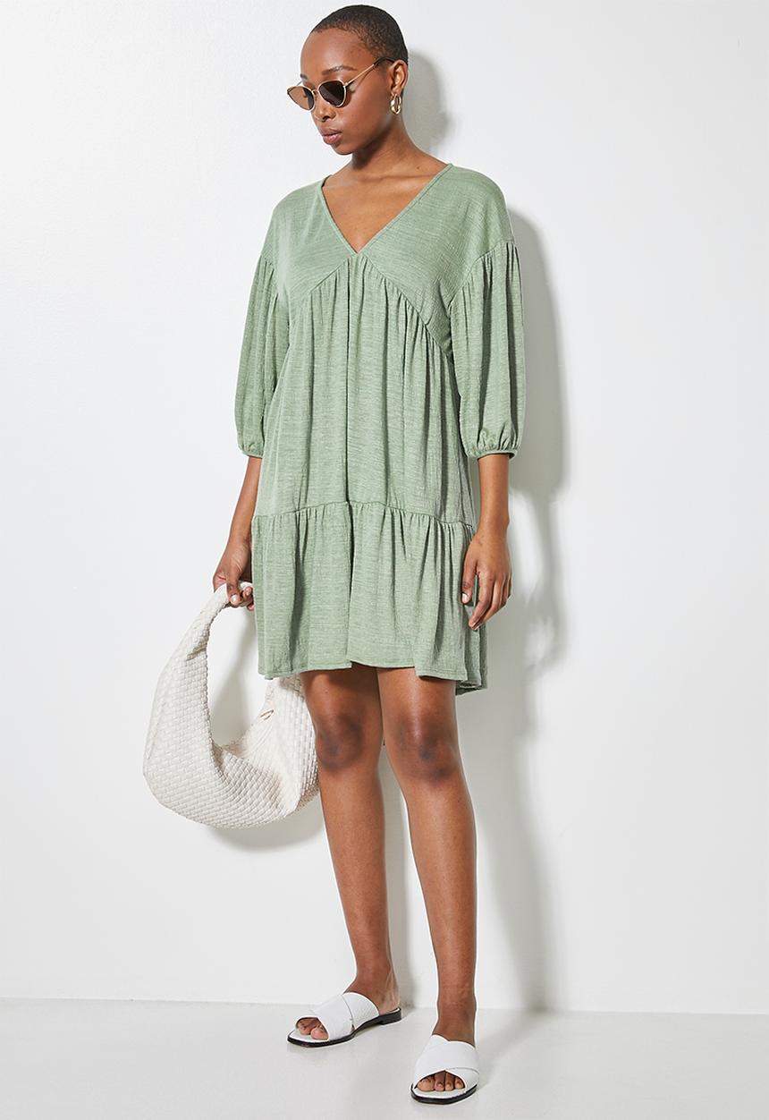 VELVET - Volume babydoll mini tiered dress - green 