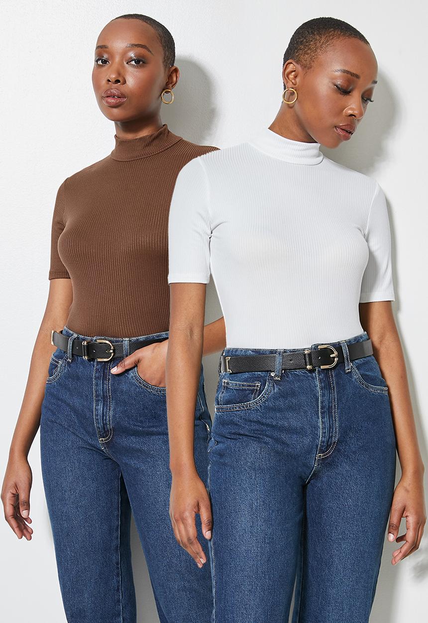 Superbalist - 2 pack fine rib funnel neck tops - choc & milk