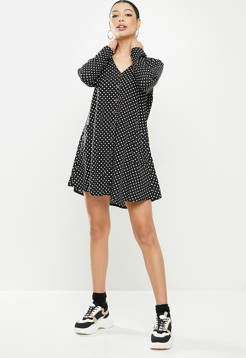 Missguided - Button thru smock dress polka - black