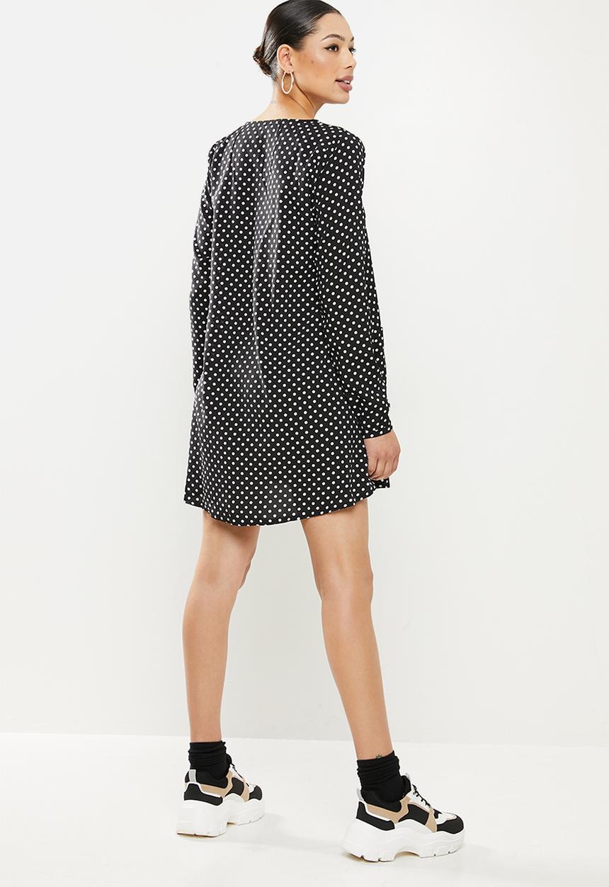 Missguided - Button thru smock dress polka - black