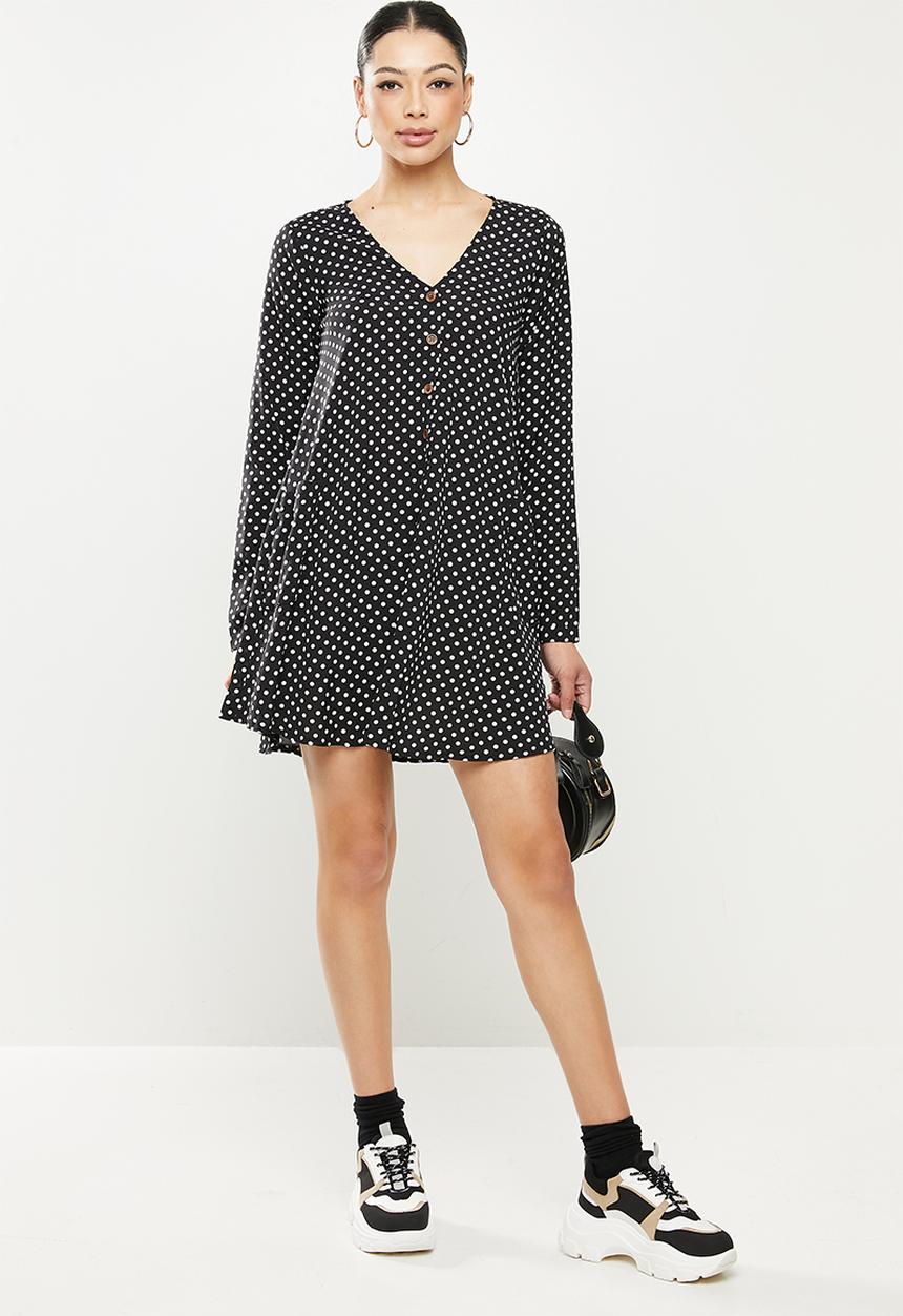Missguided - Button thru smock dress polka - black