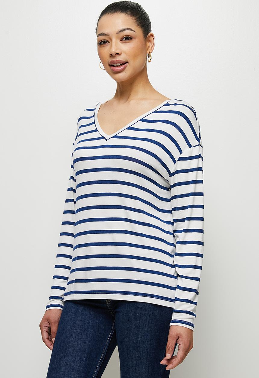 edit - Striped v-neck boxy tee - navy & milk