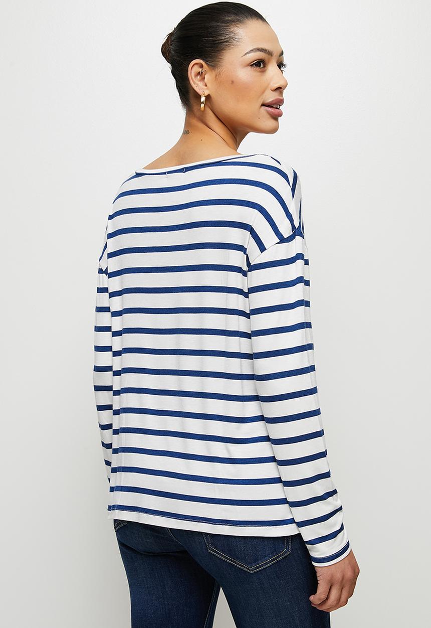 edit - Striped v-neck boxy tee - navy & milk