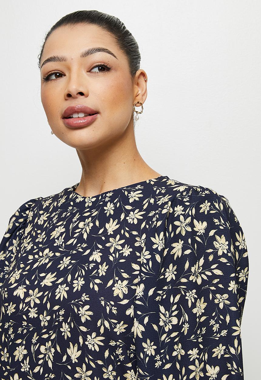 edit - Bellow sleeve tunic dress - navy ivory floral