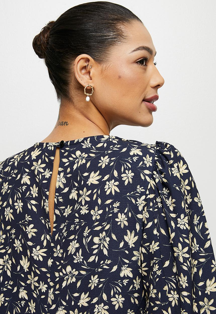 edit - Bellow sleeve tunic dress - navy ivory floral