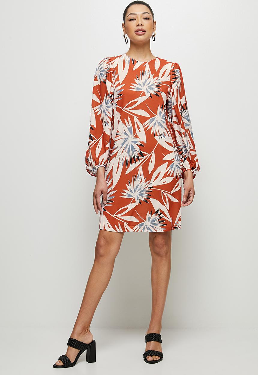 edit - Bellow sleeve tunic dress - rust exotic leaves