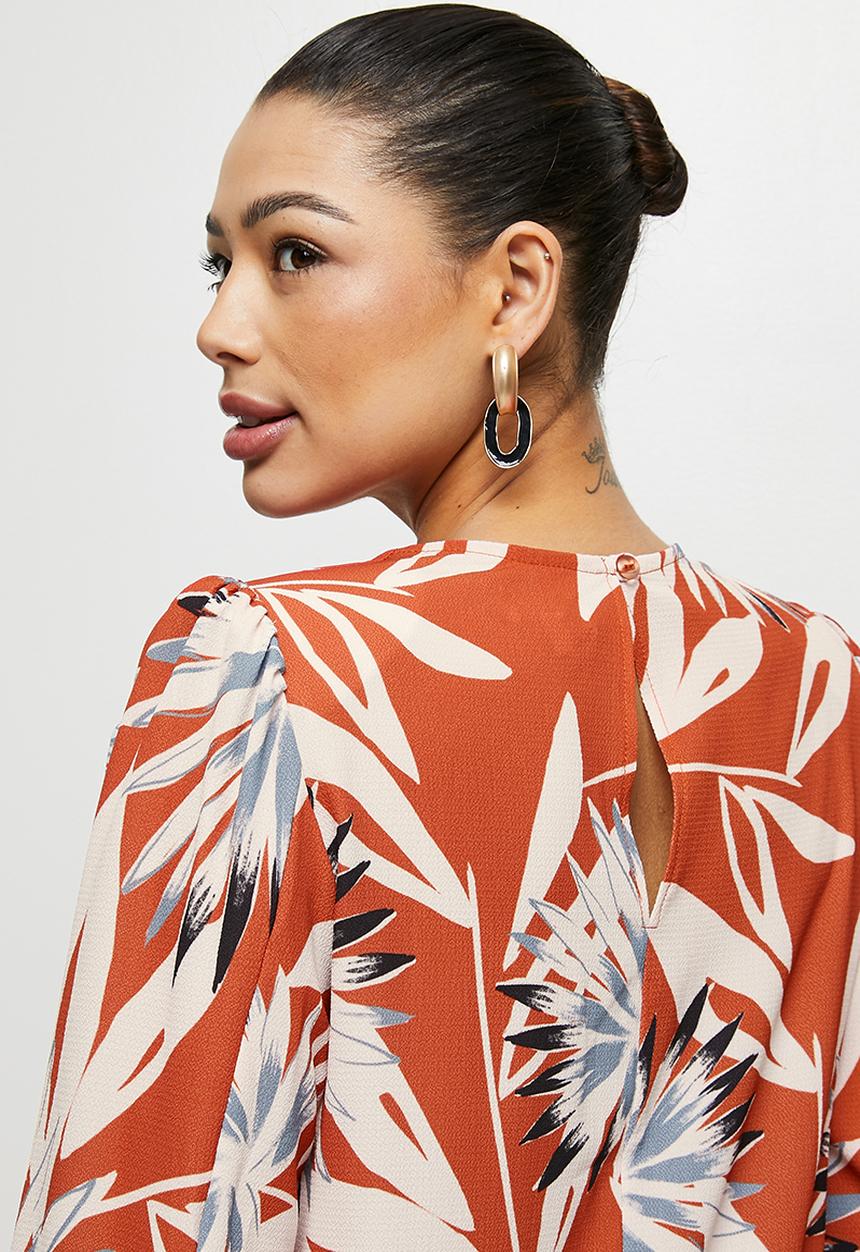 edit - Bellow sleeve tunic dress - rust exotic leaves