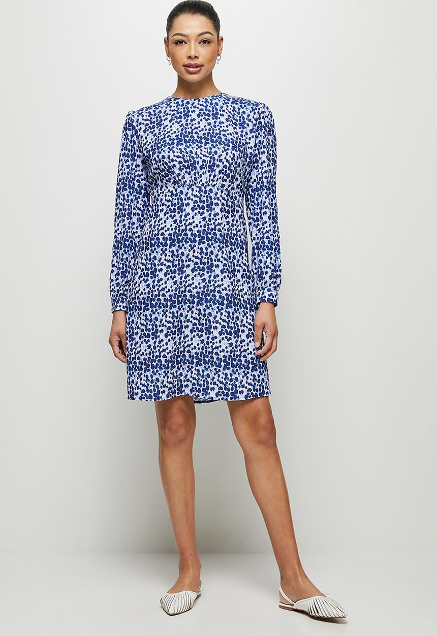 edit - Curved waist short dress - navy watercolour animal