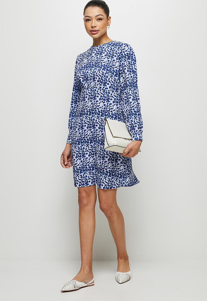 edit - Curved waist short dress - navy watercolour animal