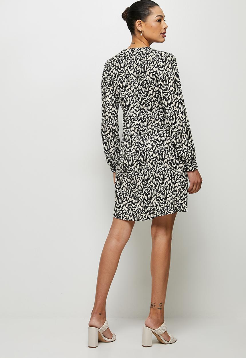 edit - Curved waist short dress - black ecru ikat animal
