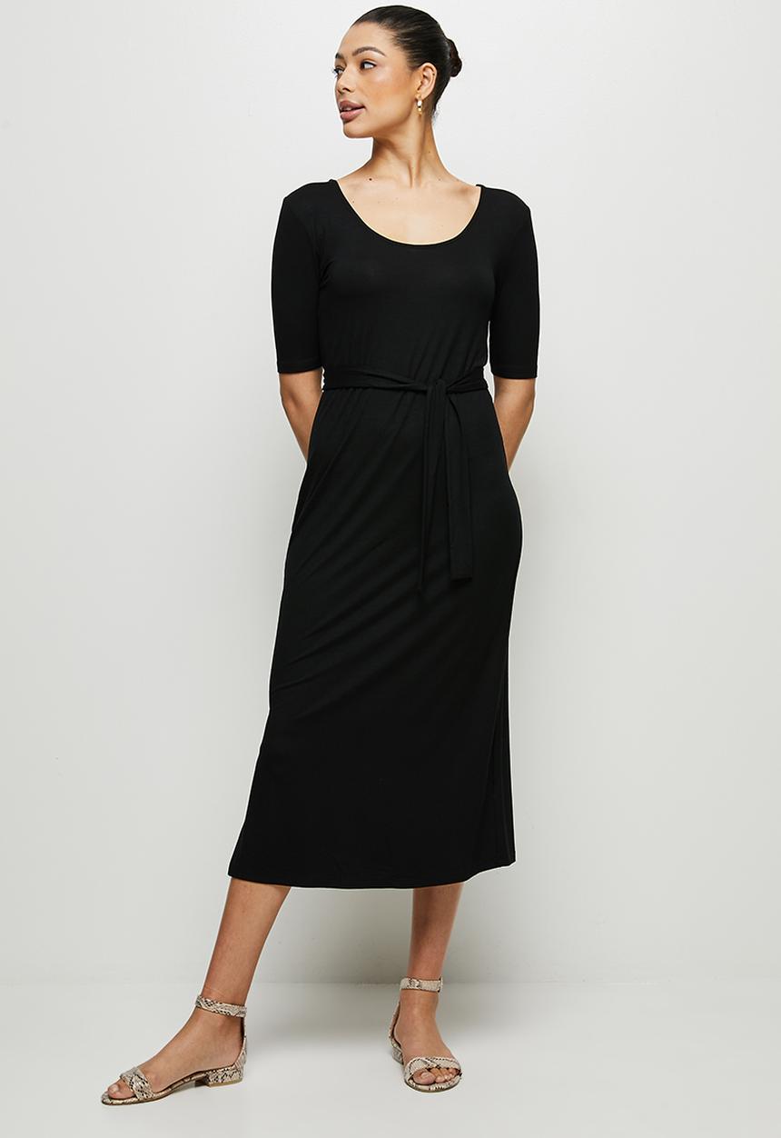 edit - Conscious ballet sleeve scoop neck slit midi - black