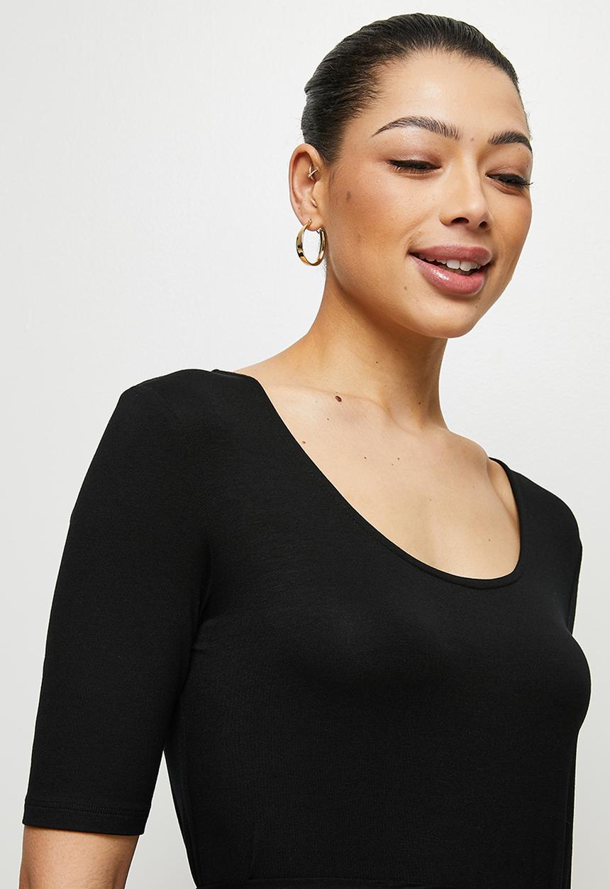 edit - Conscious ballet sleeve scoop neck slit midi - black