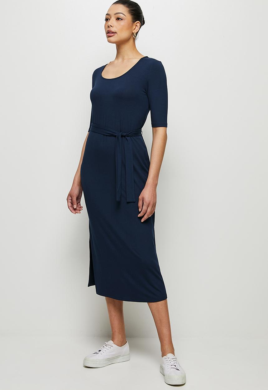 edit - Conscious ballet sleeve scoop neck slit midi - navy