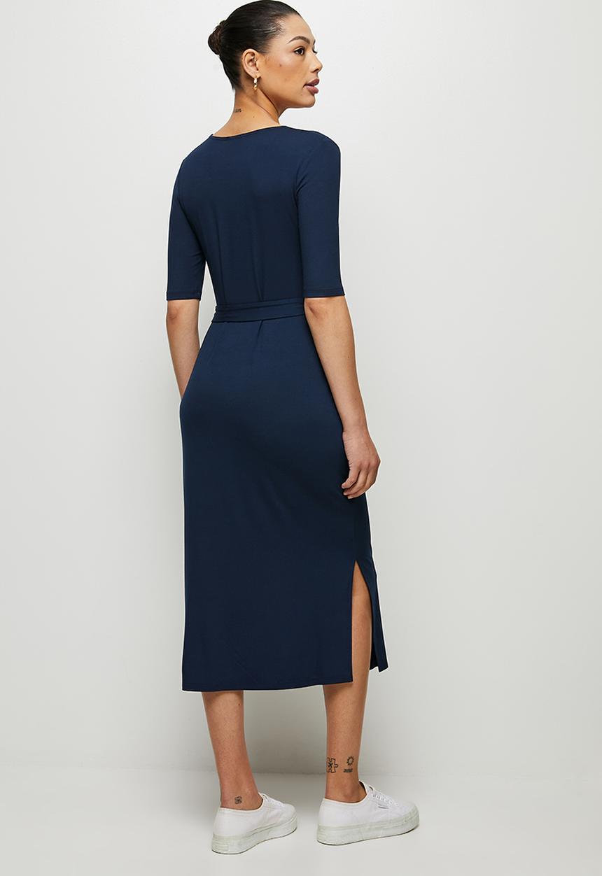 edit - Conscious ballet sleeve scoop neck slit midi - navy