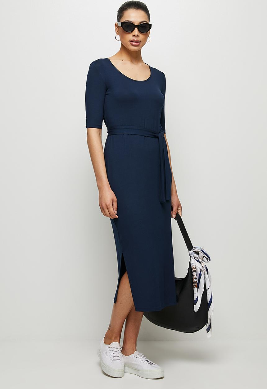 edit - Conscious ballet sleeve scoop neck slit midi - navy