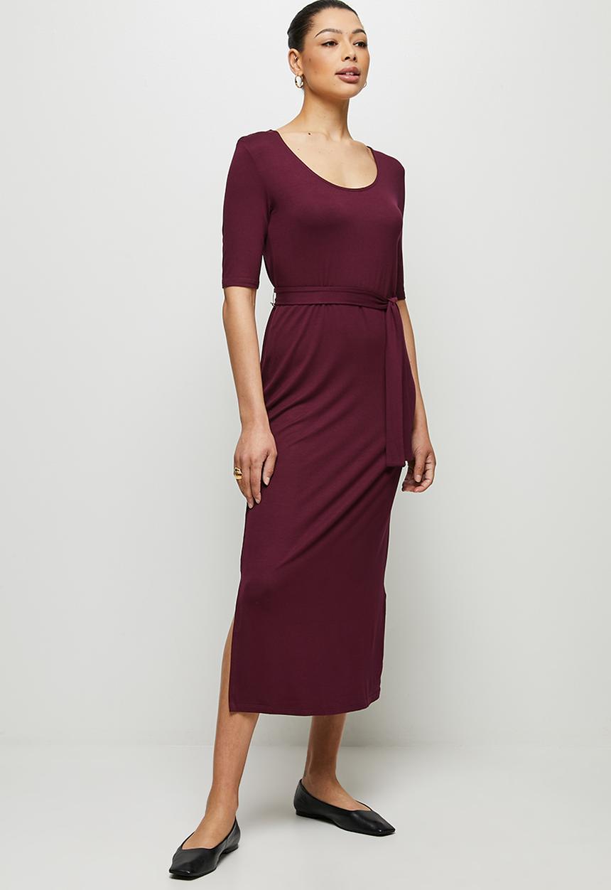 edit - Conscious ballet sleeve scoop neck slit midi - berry
