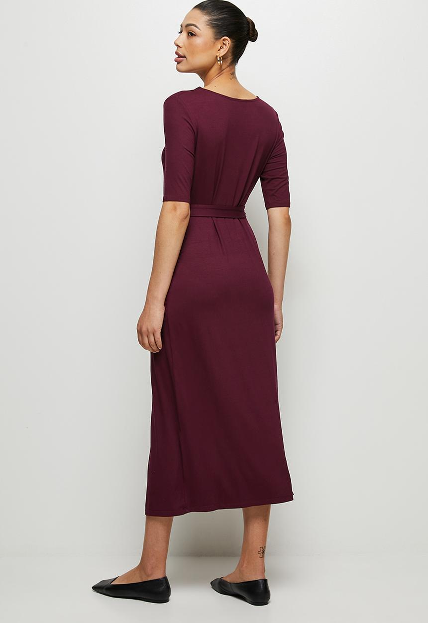 edit - Conscious ballet sleeve scoop neck slit midi - berry