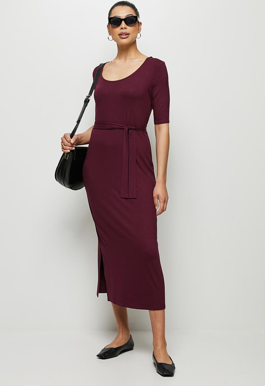 edit - Conscious ballet sleeve scoop neck slit midi - berry