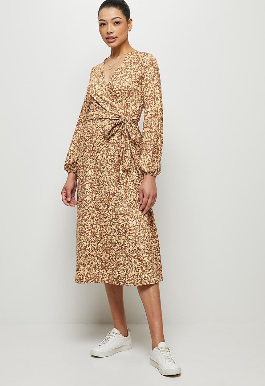 edit - Knit balloon sleeve wrap midi - rust blush mono floral