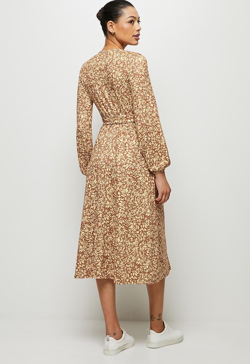 edit - Knit balloon sleeve wrap midi - rust blush mono floral