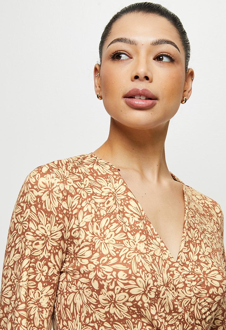 edit - Knit balloon sleeve wrap midi - rust blush mono floral