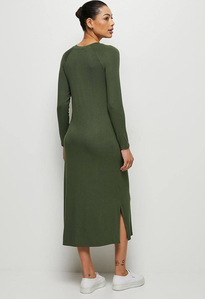 edit - Conscious long sleeve raglan slit midi - dark olive