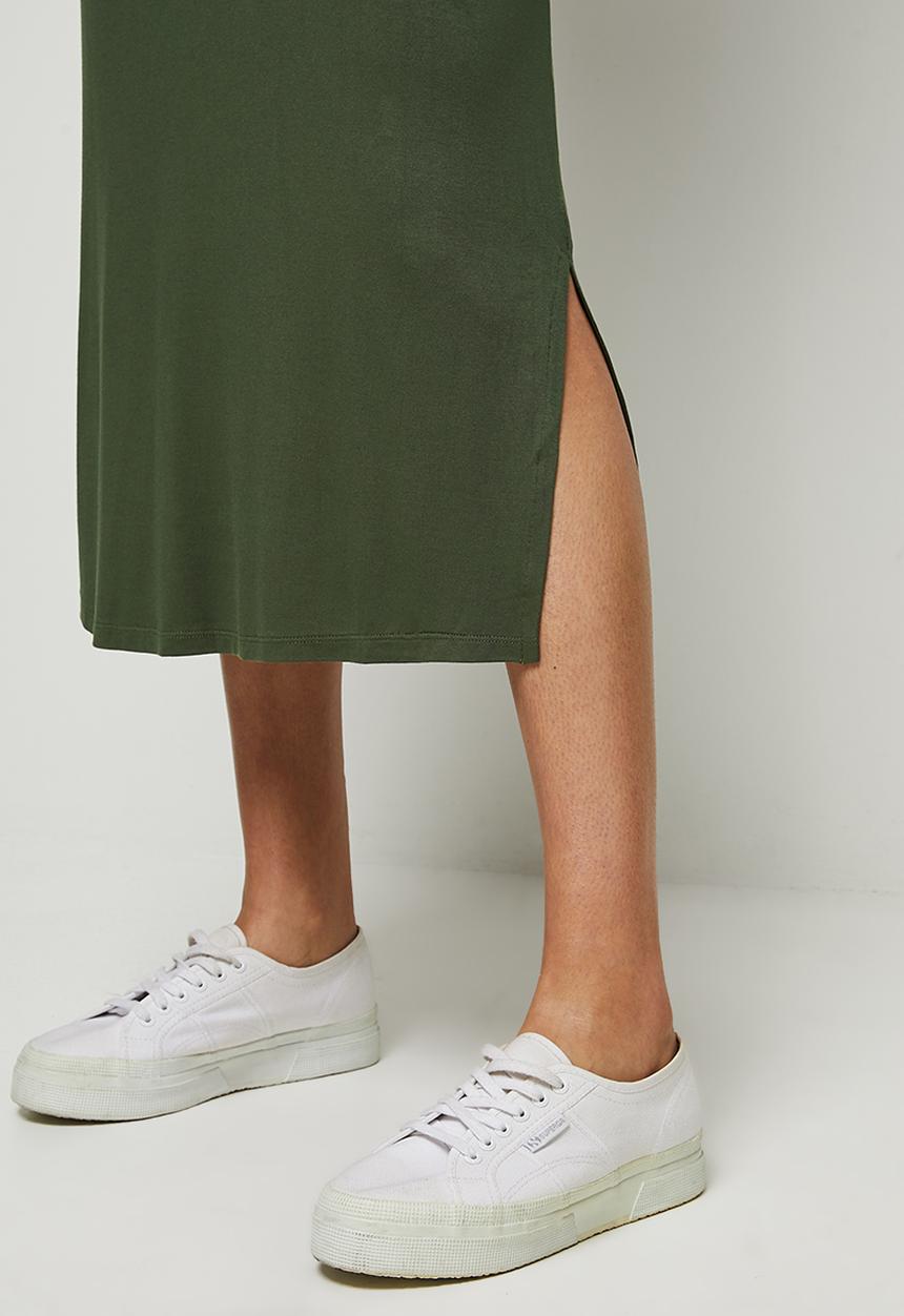 edit - Conscious long sleeve raglan slit midi - dark olive