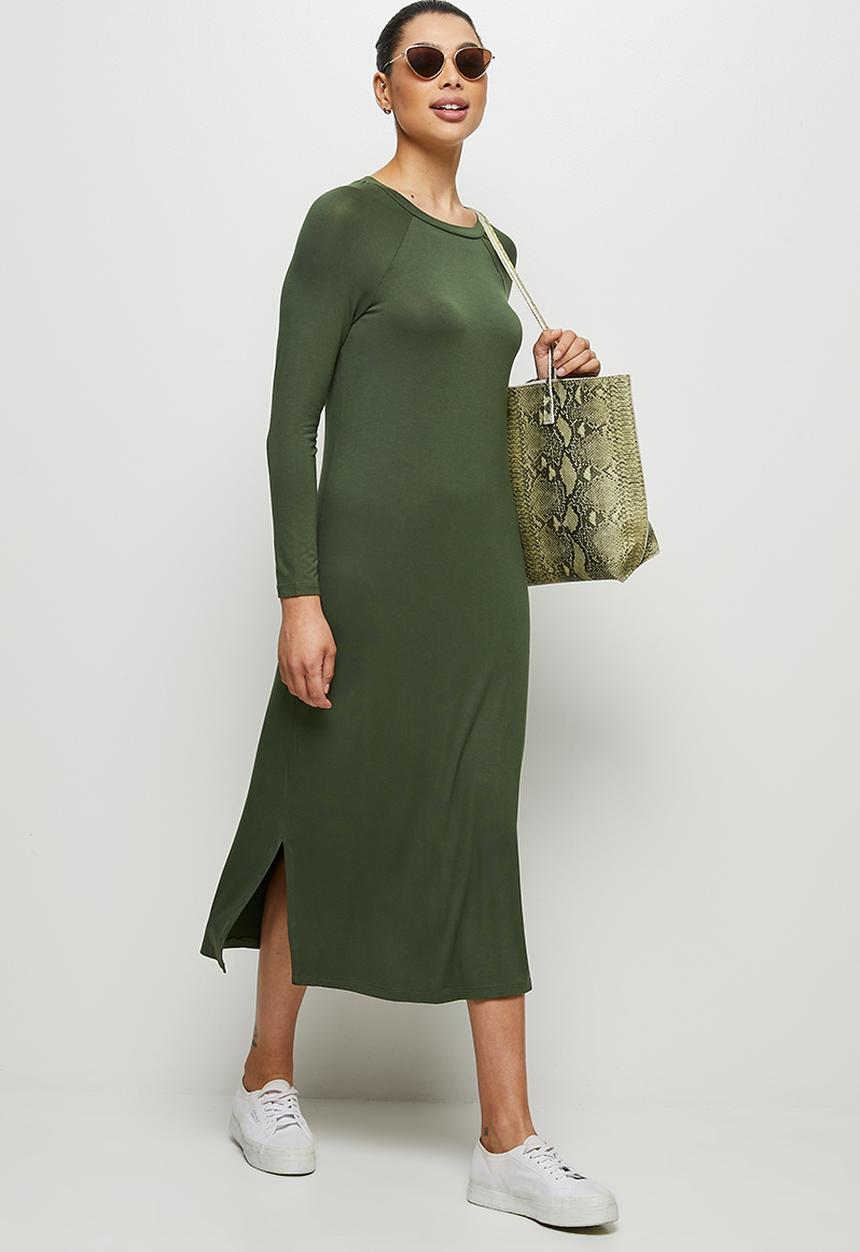 edit - Conscious long sleeve raglan slit midi - dark olive