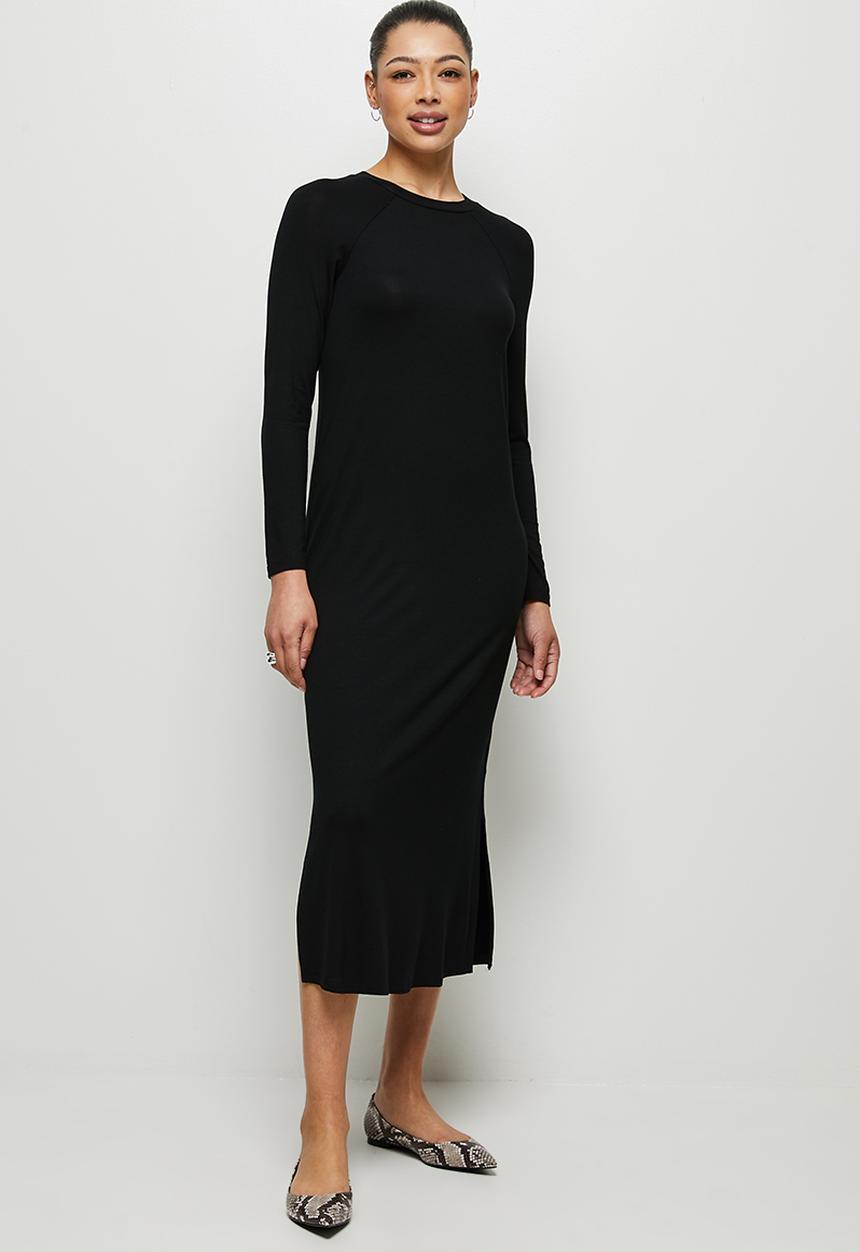 edit - Conscious long sleeve raglan slit midi - black
