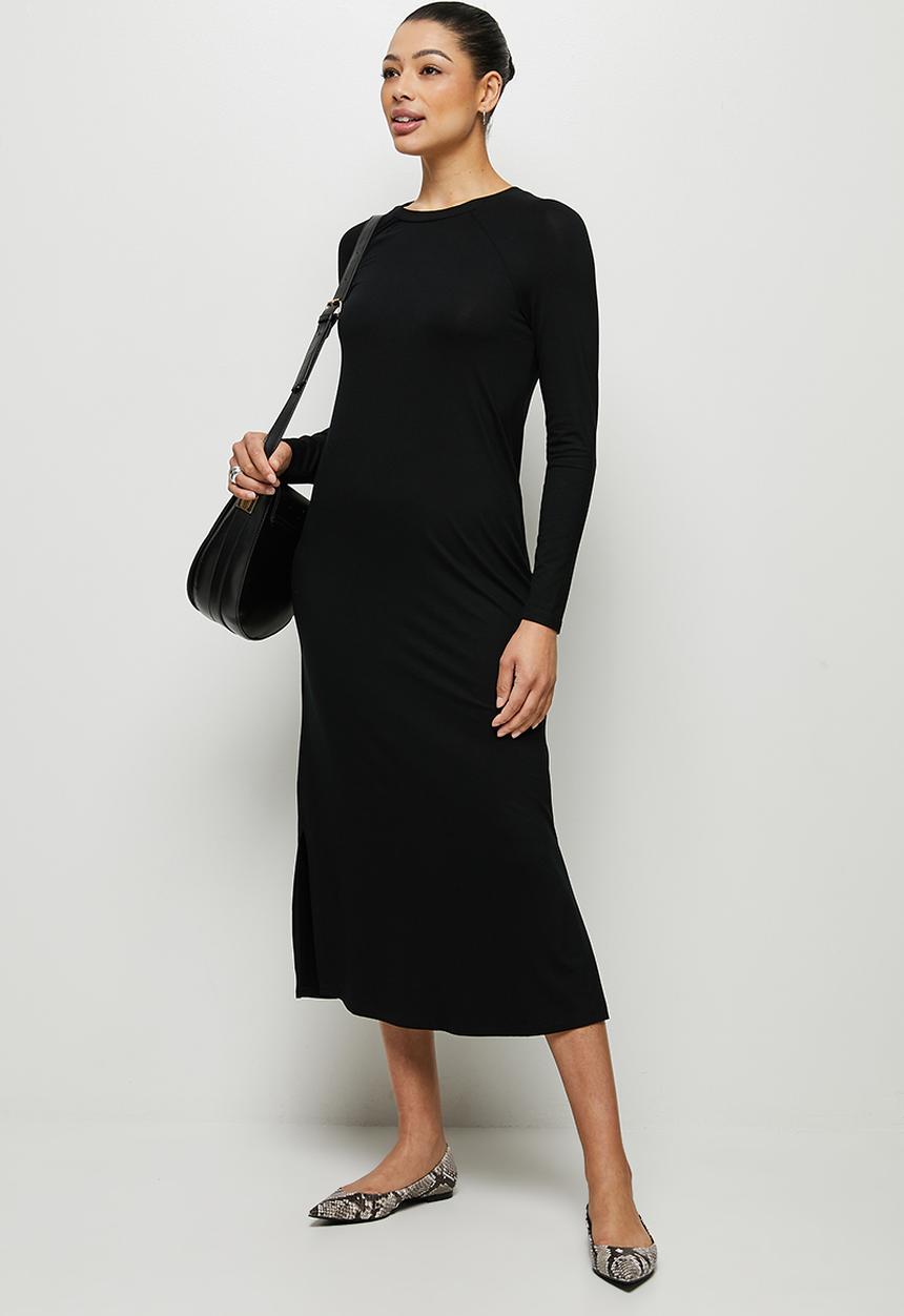 edit - Conscious long sleeve raglan slit midi - black