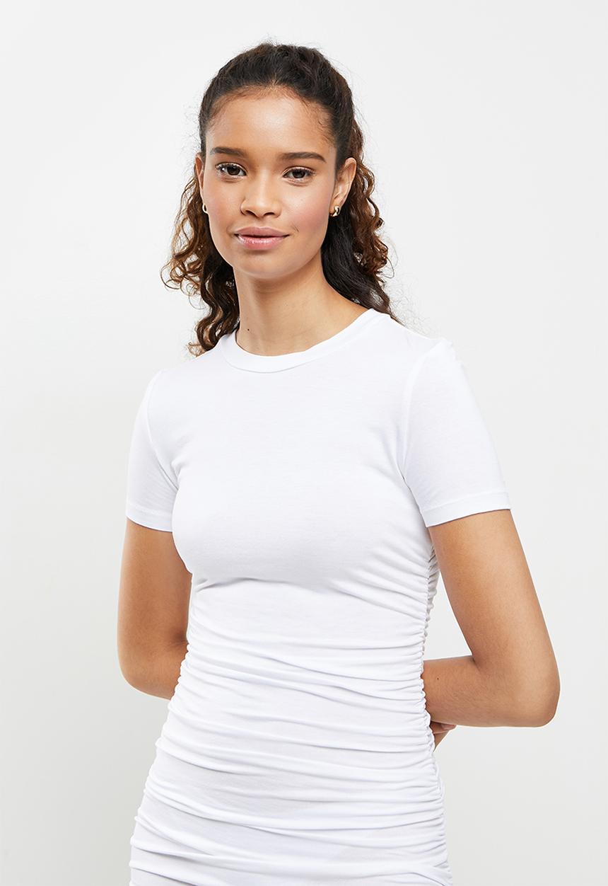 Blake - Ruched short sleeve mini bodycon dress - white 