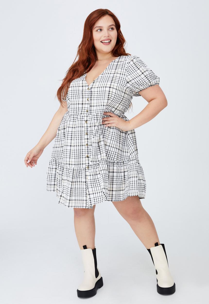 Cotton On - Curve woven tessa babydoll mini dress - white & black 