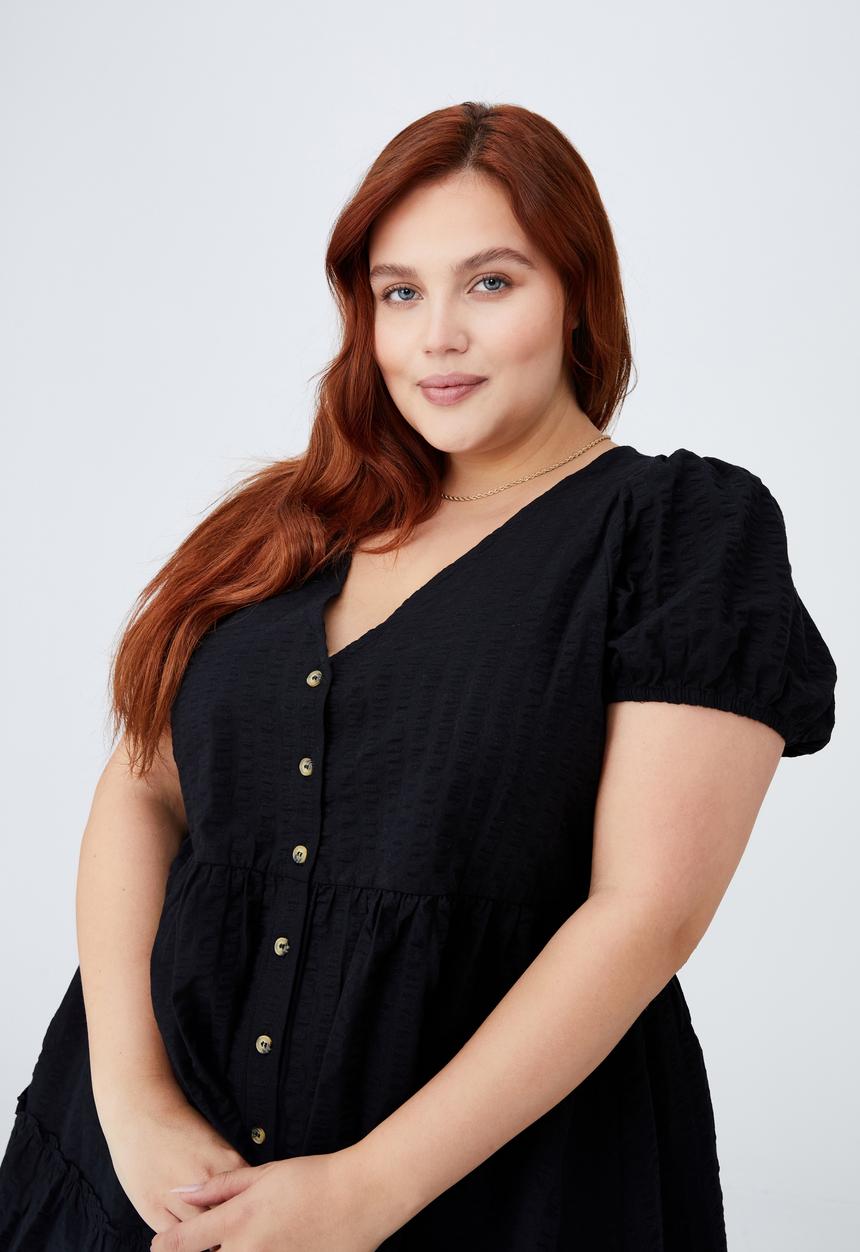 Cotton On - Curve woven tessa babydoll mini dress - black