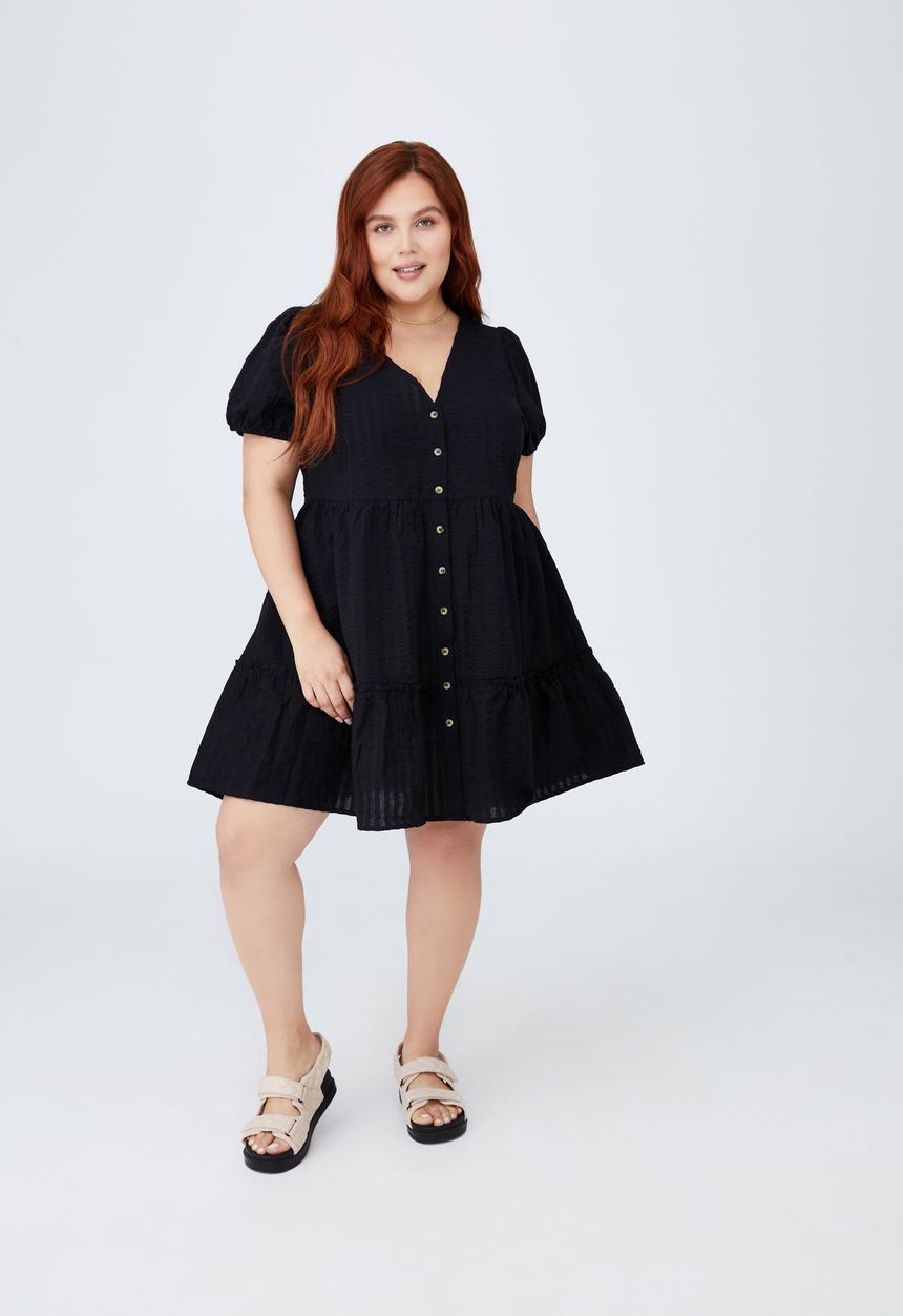 Cotton On - Curve woven tessa babydoll mini dress - black