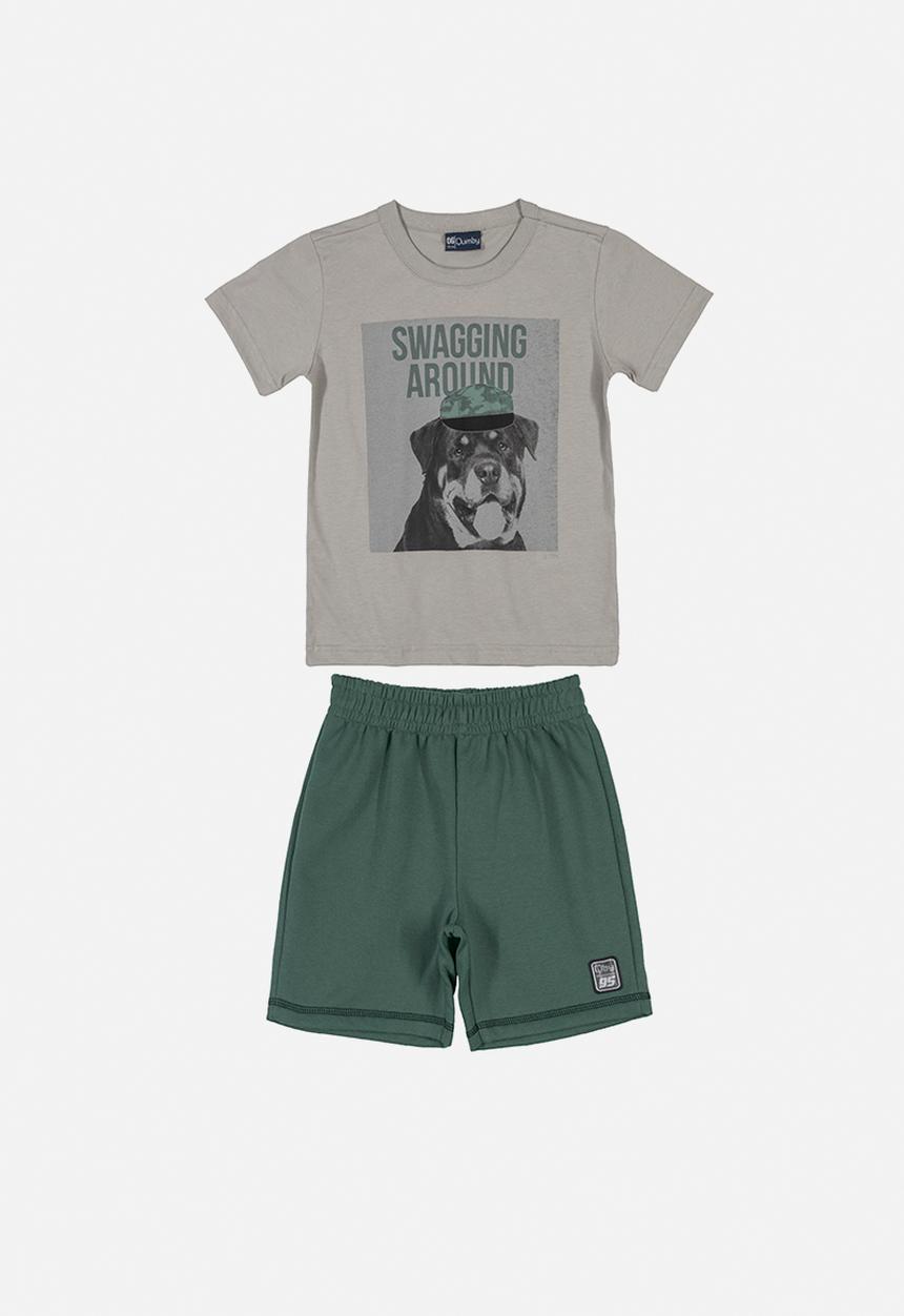 Quimby - Boys swagging around tee & shorts - grey & green