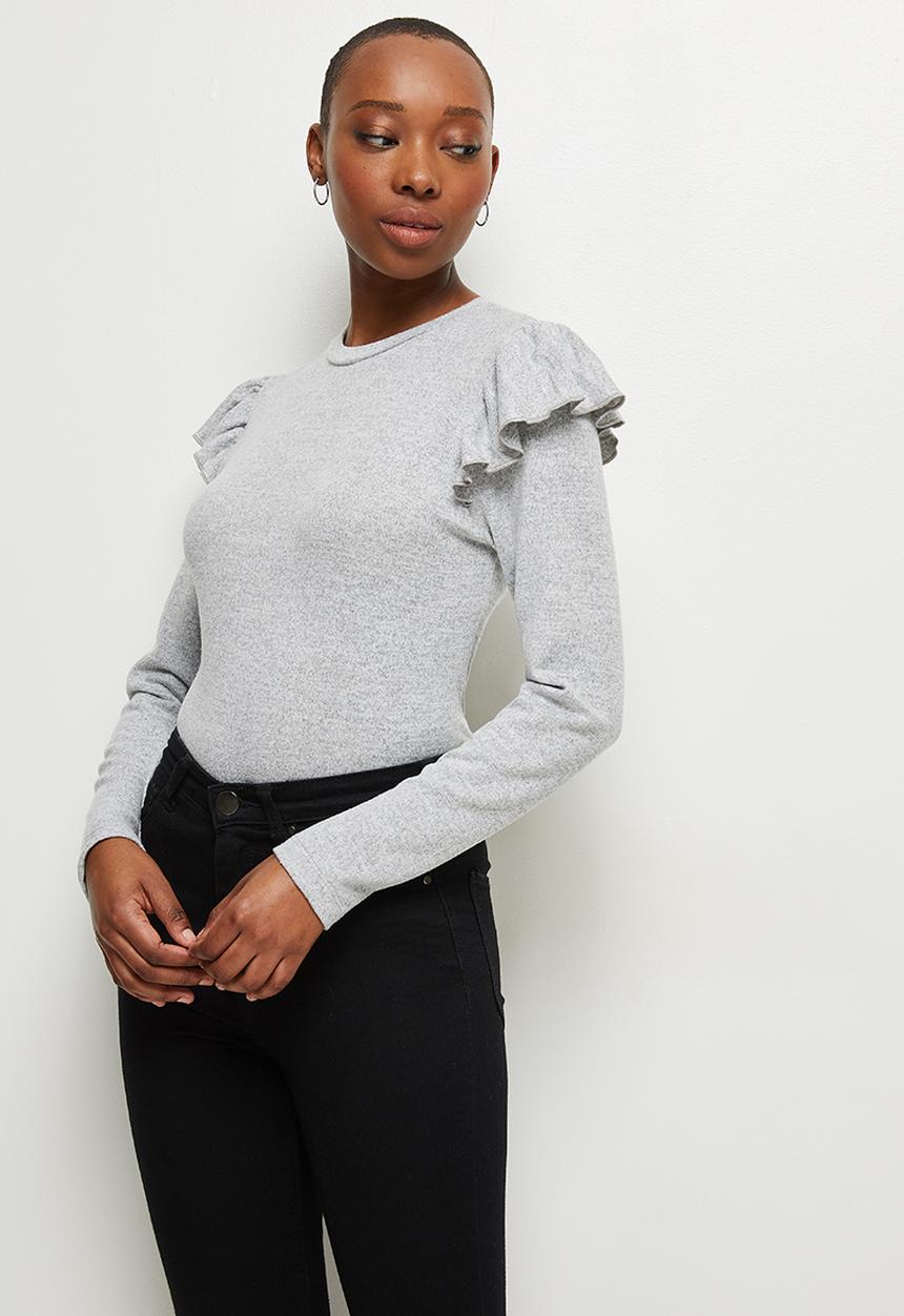 MILLA - Soft touch ruffle sleeve top - grey 