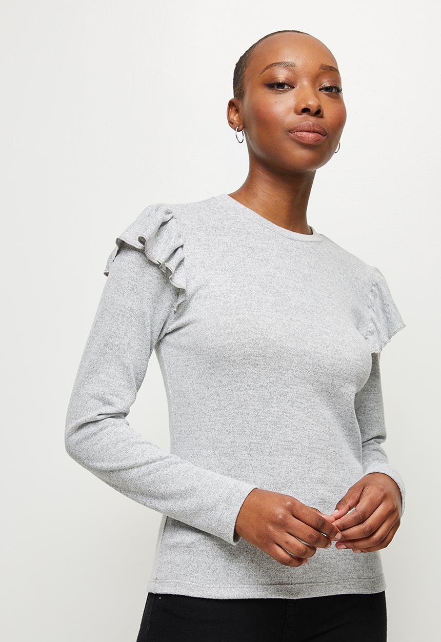 MILLA - Soft touch ruffle sleeve top - grey 