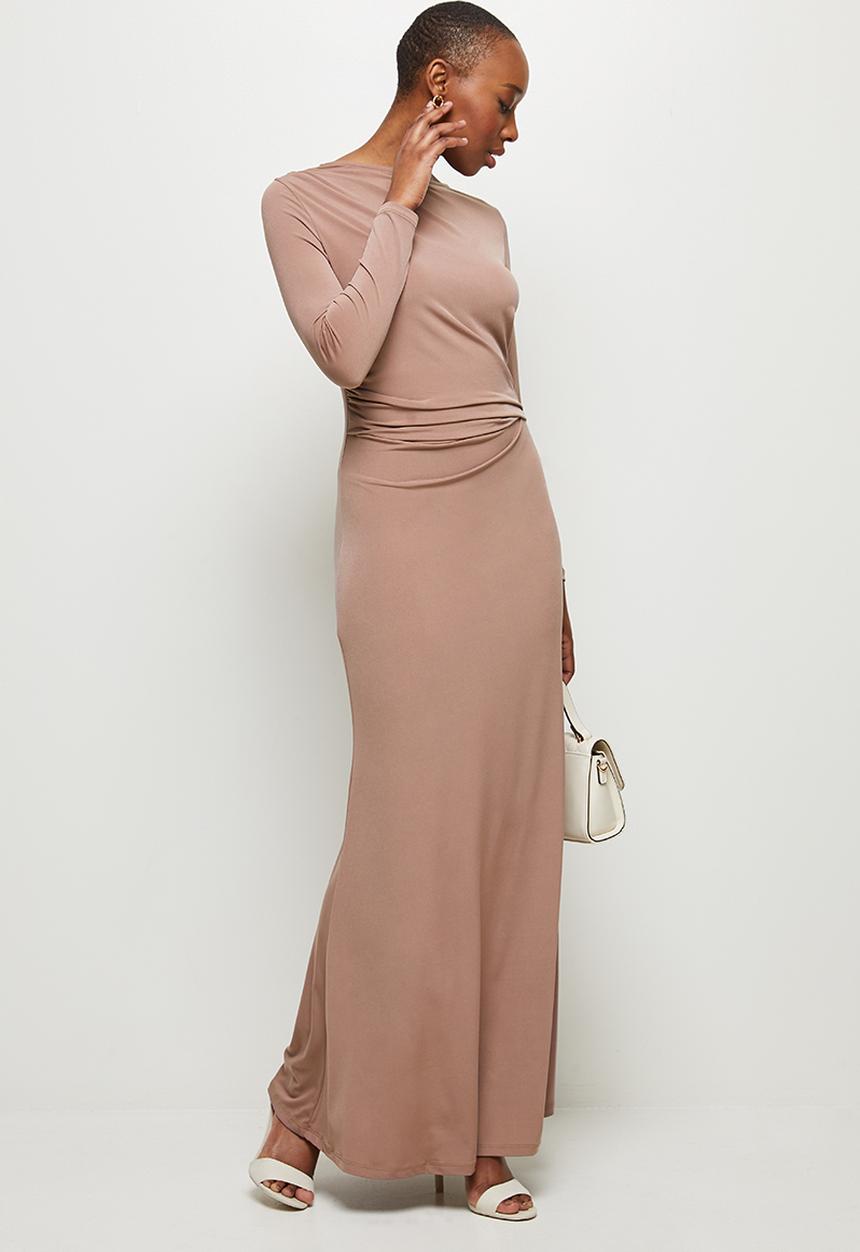 MILLA - Draped front long sleeve maxi dress - chocolate truffle