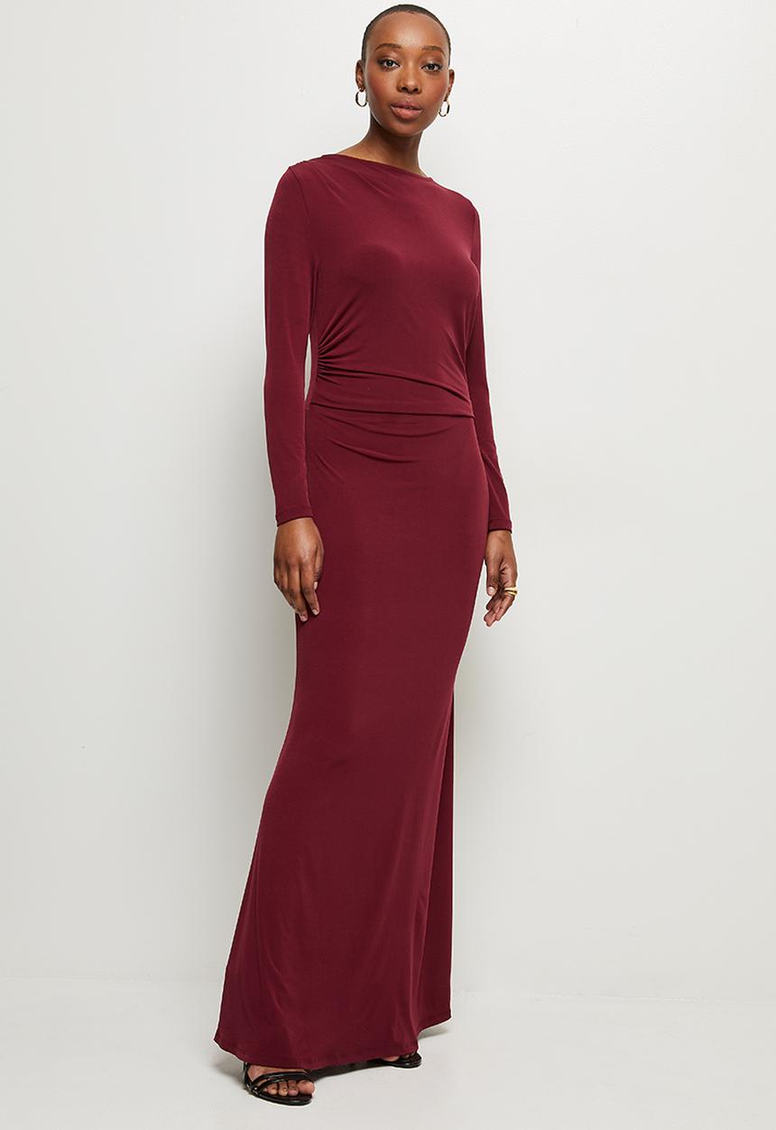 MILLA - Draped front long sleeve maxi dress - cognac