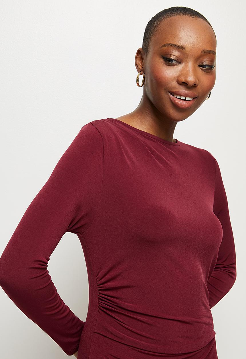MILLA - Draped front long sleeve maxi dress - cognac