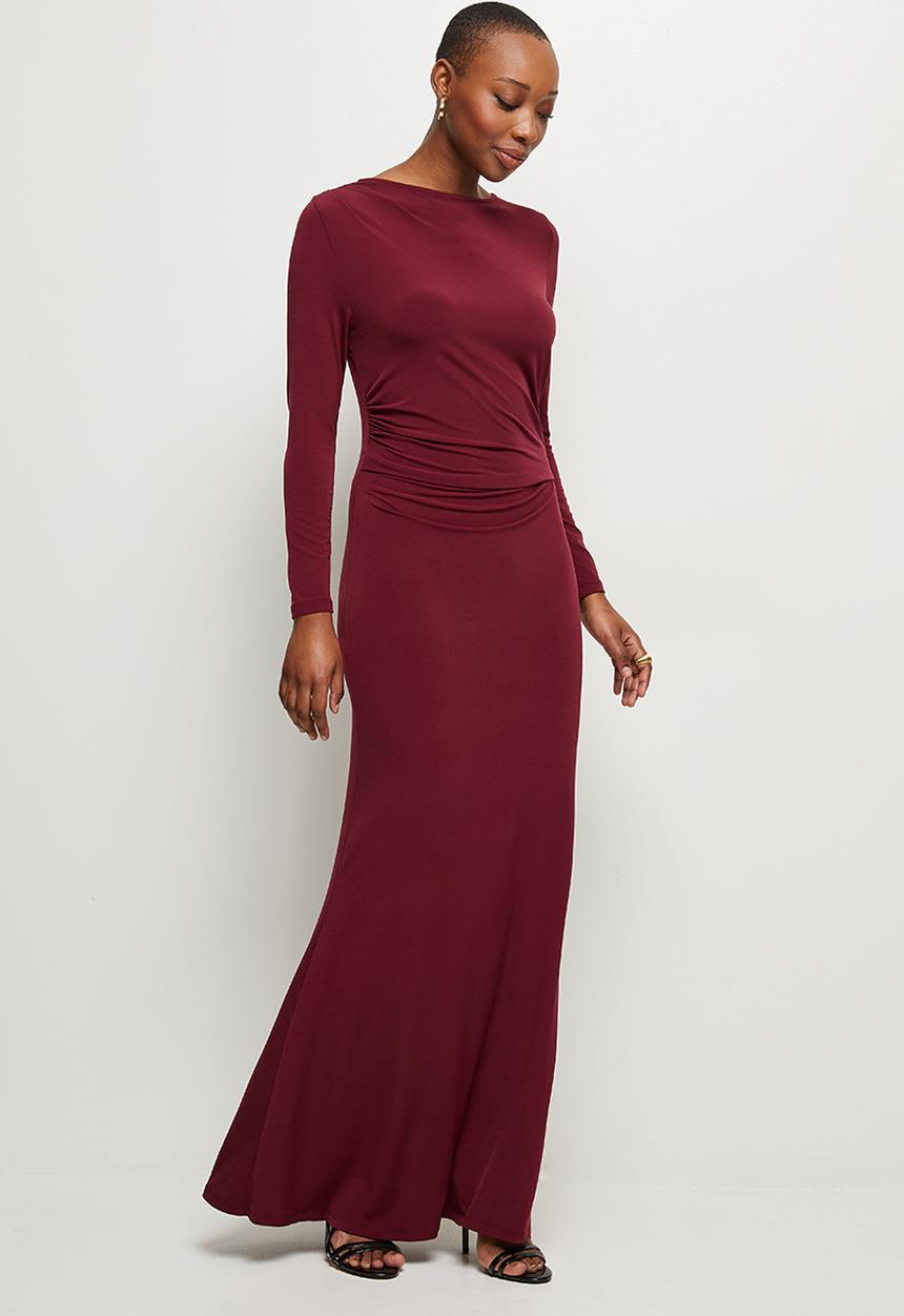 MILLA - Draped front long sleeve maxi dress - cognac