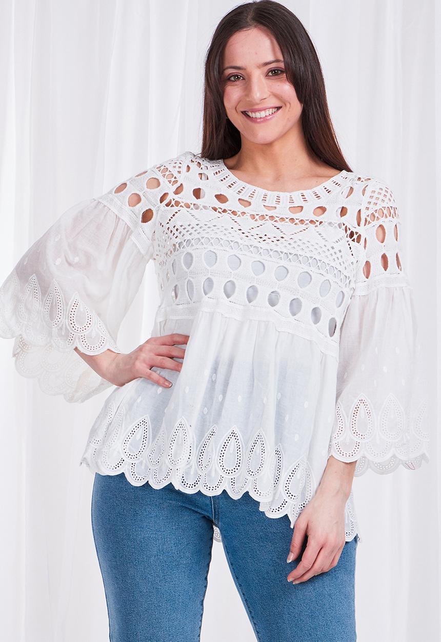 Stella Morgan - Embroidered 3/4 sleeve blouse - white