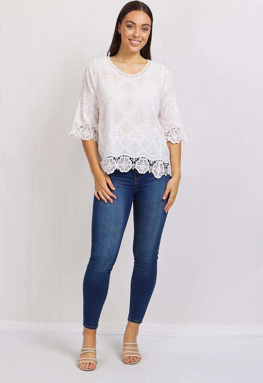 Stella Morgan - 3/4 sleeve sheer lace blouse - white