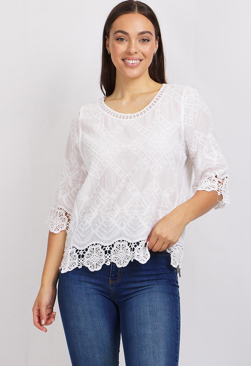 Stella Morgan - 3/4 sleeve sheer lace blouse - white