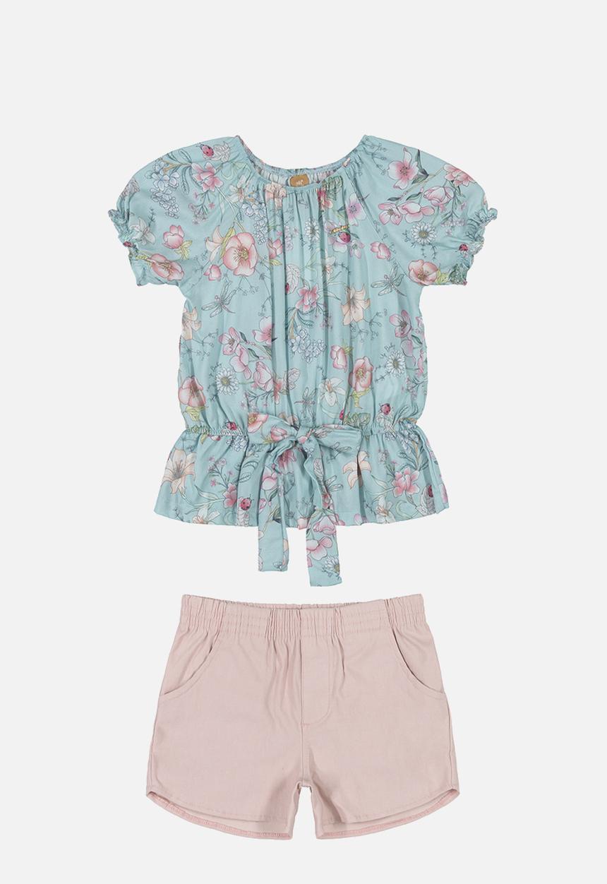 UP Baby - Floral blouse & shorts set - blue & pink