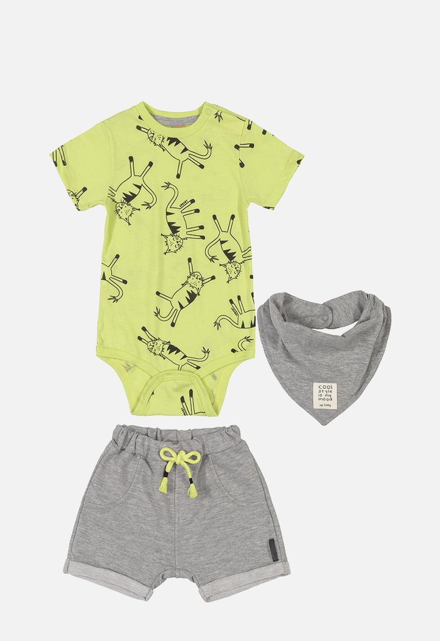 UP Baby - Cat babygrow,shorts & bib set - yellow